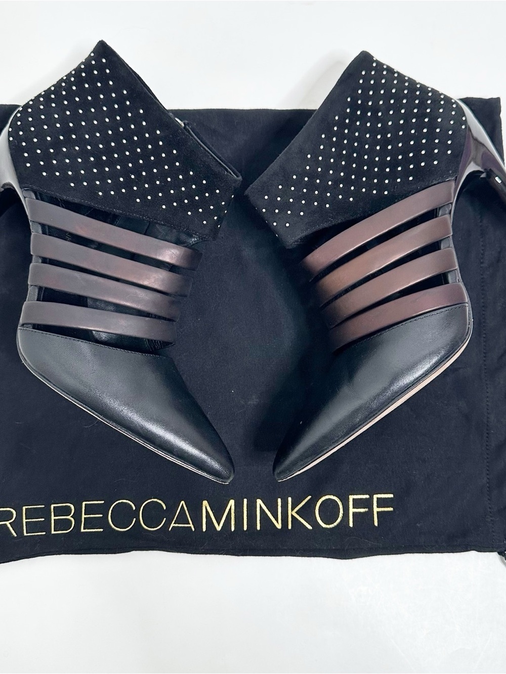 Rebecca Minkoff Caesar Studded Heels Black Leather & Suede Size 8
